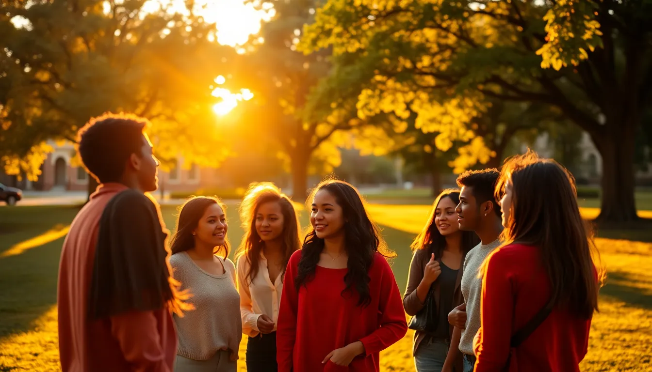 Diverse Students Engaging on University Lawn A group of diverse students is captured animatedly conversing on a university lawn bathed in warm golden hour light. The image showcases a rich texture of grass and clothing, with dappled sunlight creating a serene yet lively atmosphere. The warm colors contrast beautifully against the cool tones in the background, enhancing the vibrant campus life. The thoughtful composition adds depth, making it a captivating representation of university culture.