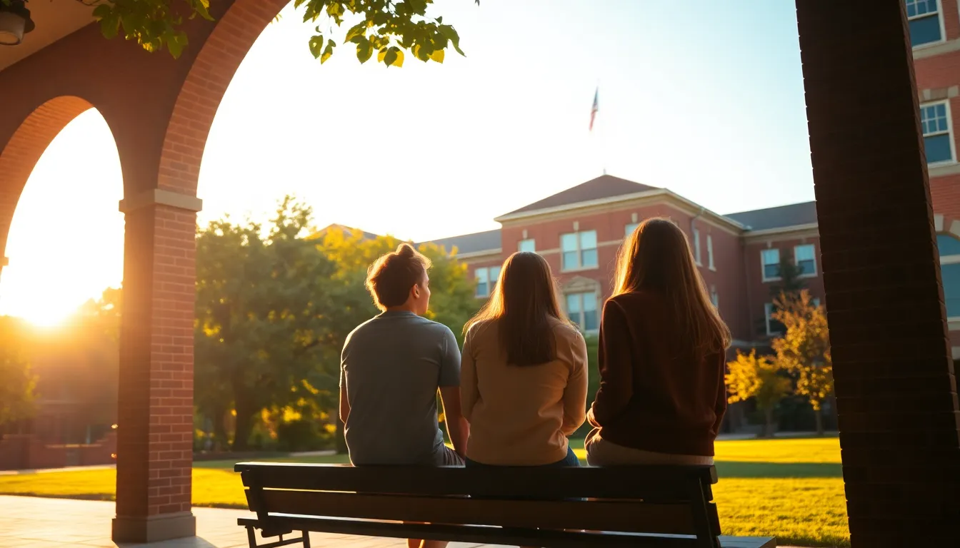 A vibrant scene capturing university students engaged in lively collaboration on a bench in the golden hour. The warm backlighting creates a soft glow around them, emphasizing the rich, saturated colors of their surroundings and clothing. Archways frame the scene, adding depth and drawing the viewer's eye towards the subjects. The atmosphere is lively and warm, reflecting the engaging spirit of campus life.