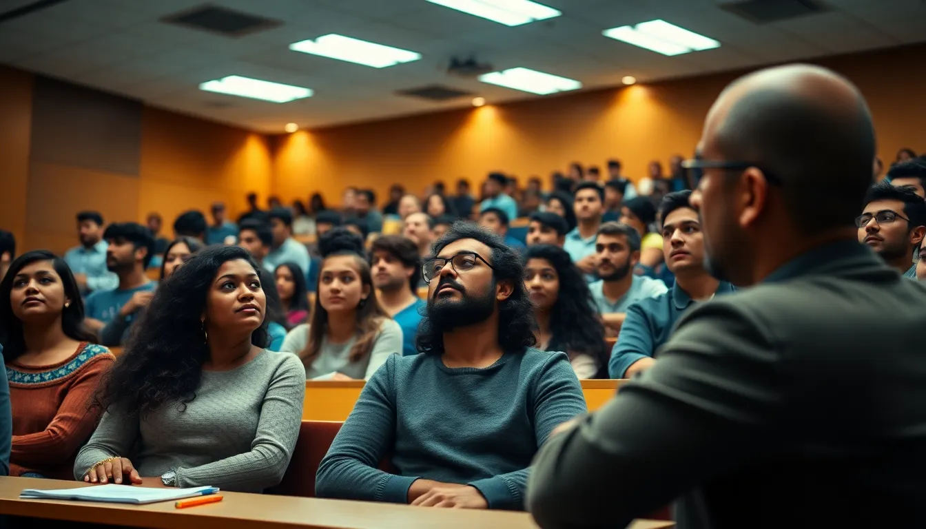 Inside a vibrant university lecture hall, a diverse group of students attentively engages with a captivating presentation from their professor. Bright overhead fluorescents create a lively atmosphere, while a warm color palette enhances the students’ expressions. The image's layered focus draws attention to the central figures, demonstrating the dynamic energy within academic settings. Textures of the desks and students' clothing contribute to the realism of the scene, inviting viewers into this educational moment.