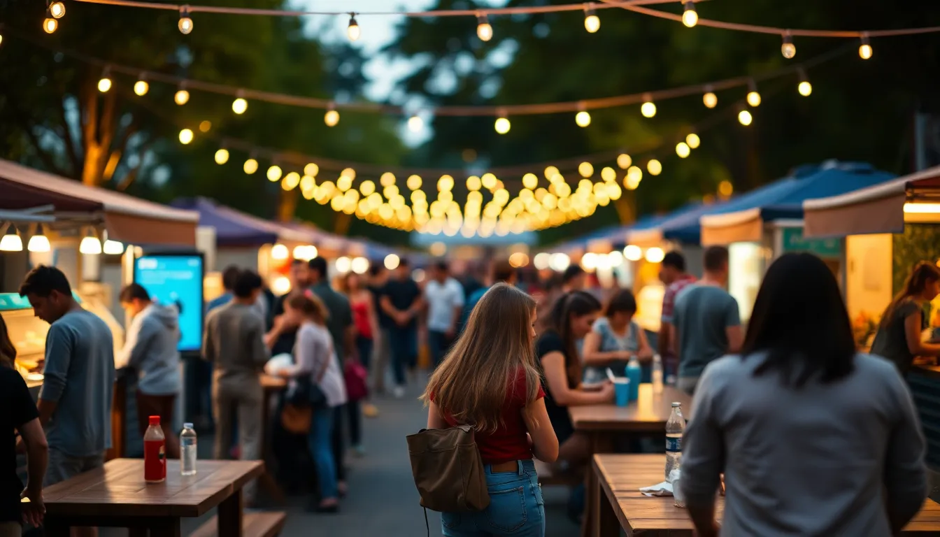 This vibrant photograph captures the lively atmosphere of a university campus event at dusk, with string lights twinkling overhead. Students gather around food stalls, engaging in conversation and enjoying their time together. The shallow depth of field creates a dreamy backdrop of colorful bokeh, enhancing the inviting ambiance. Warm tones combined with the evening's dusky blue evoke a sense of community and celebration, making this image a perfect representation of campus life.