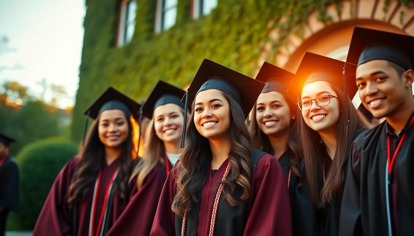 A close-up shot of a student sitting under blooming cherry blossom trees during golden hour. The warm backlighting creates a halo effect around the delicate petals, enhancing the beauty of spring. The focus is sharply on the student's expression of joy and wonder, blending seamlessly with the softly blurred floral background. This vibrant image beautifully encapsulates the essence of campus life during the picturesque spring season.