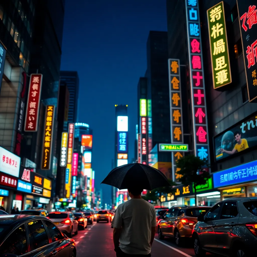 This image captures a bustling urban street at night, illuminated by colorful neon signs in various languages. A solitary figure with an umbrella stands amidst the lively chaos, showcasing the dynamic energy of city life against a backdrop of towering skyscrapers.