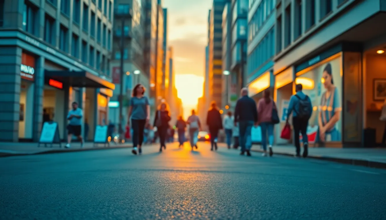 This vivid scene captures a busy urban street during the golden hour, showcasing pedestrians immersed in conversation. The warm light outlines their features while the cityscape behind them softly blurs, creating a dynamic sense of motion. The rich teal and orange tones enhance the inviting mood of the evening, inviting viewers to feel the energy of city life. Leading lines from the street draw focus to the horizon, adding depth to the composition.