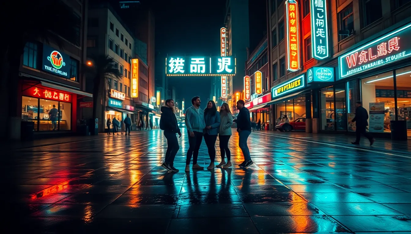 This captivating night scene depicts a lively city square shimmering with neon lights reflecting on the wet pavement. A group of friends shares a laugh, their joy illuminated by the vibrant colors of neon signage. The lighting enhances the cinematic feel of the urban nightlife, while the reflections add depth to the composition. This image beautifully captures the essence of social connection in a bustling city after rain.