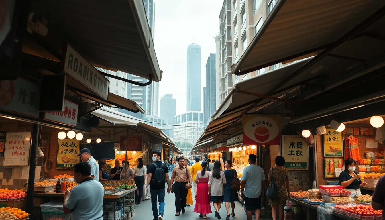 An inviting urban market comes alive under a soft, overcast sky, with various street vendors showcasing their colorful offerings. The scene captures the hustle and bustle of city life, with eager shoppers engaging with vibrant products while the background reveals modern skyscrapers. The hyperfocal depth ensures every detail from the food stalls to the people is crisply rendered, creating an immersive experience of this lively marketplace.