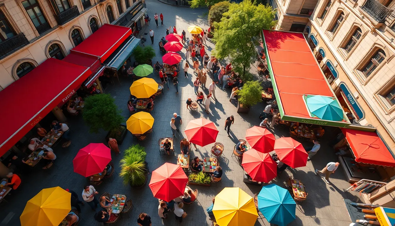 This aerial view captures the vibrancy of a busy city square where people gather to enjoy their day. Colorful umbrellas dot the scene, providing shade for outdoor cafes brimming with patrons. The natural afternoon light brings out the rich colors and textures, creating a lively atmosphere. The depth of field softly blurs the background, encouraging focus on the heart of urban life.
