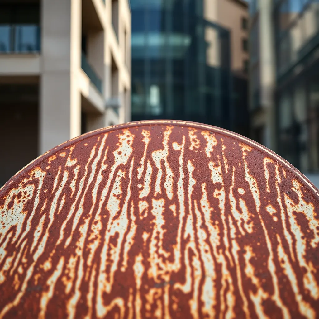 Delve into the intricate details of a weathered street sign, showcasing textures and rust patterns that tell a story. Soft, diffused natural light enhances the nuances of the sign against a blurred urban backdrop. The centered composition captures attention, inviting viewers to appreciate the beauty of urban decay. This close-up image embodies the character and history within city streets.