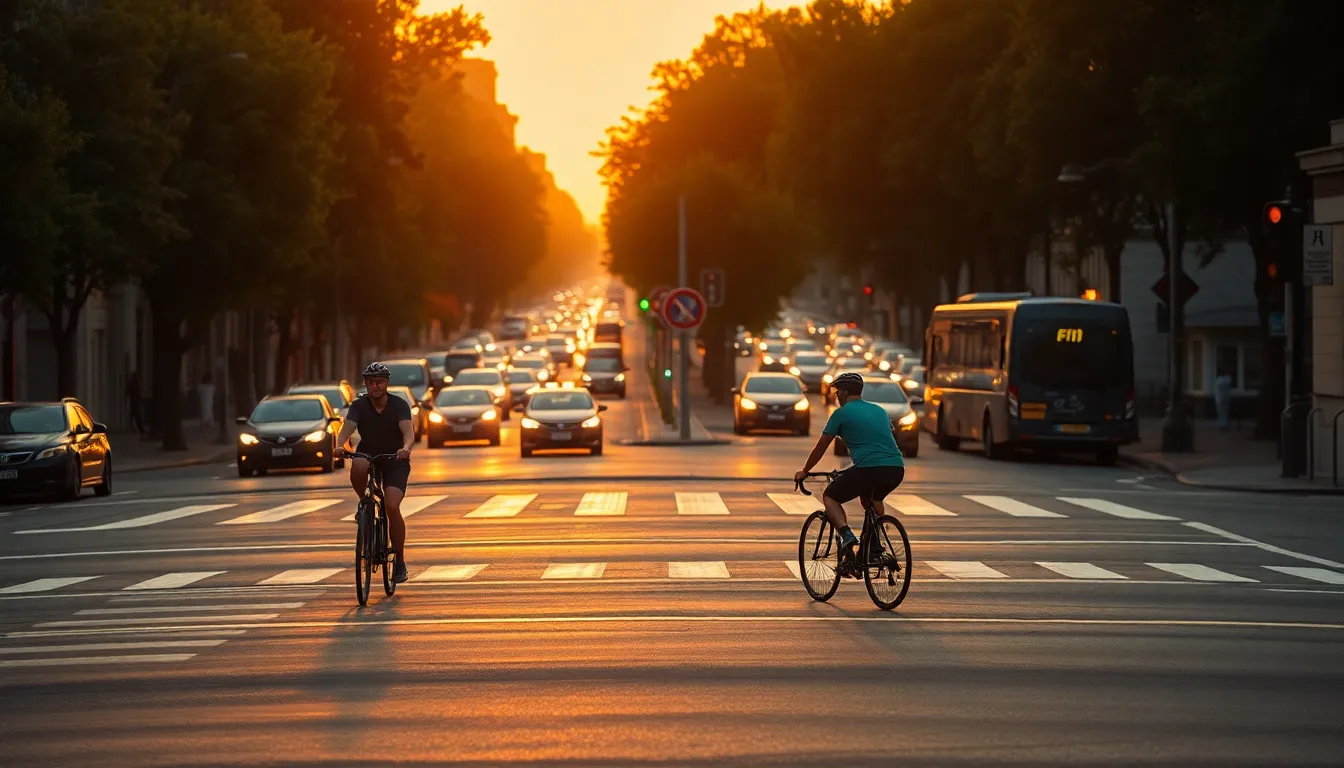 As the sun dips below the horizon, a bustling urban intersection transforms into a canvas of light, where trailing car headlights create dynamic lines across the pavement. A group of cyclists in the foreground takes center stage, their figures sharply detailed against the softly blurred backdrop of traffic. The warm golden hues of sunset imbue the scene with a vibrant ambiance that embodies the energy of city life as day transitions to night.