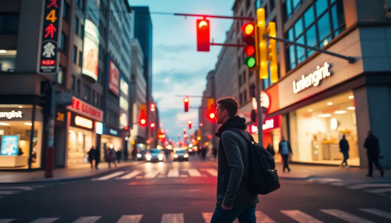 An energetic urban intersection comes to life at dusk, illuminated by traffic lights and vibrant storefronts. The image captures the motion of a pedestrian crossing the street against a backdrop of swirling lights, creating a dynamic and engaging scene. The rich reds and yellows provide a sense of urgency and excitement, embodying the heartbeat of city life in the evening. This composition enhances the energy of the moment, inviting viewers to experience the urban rush.