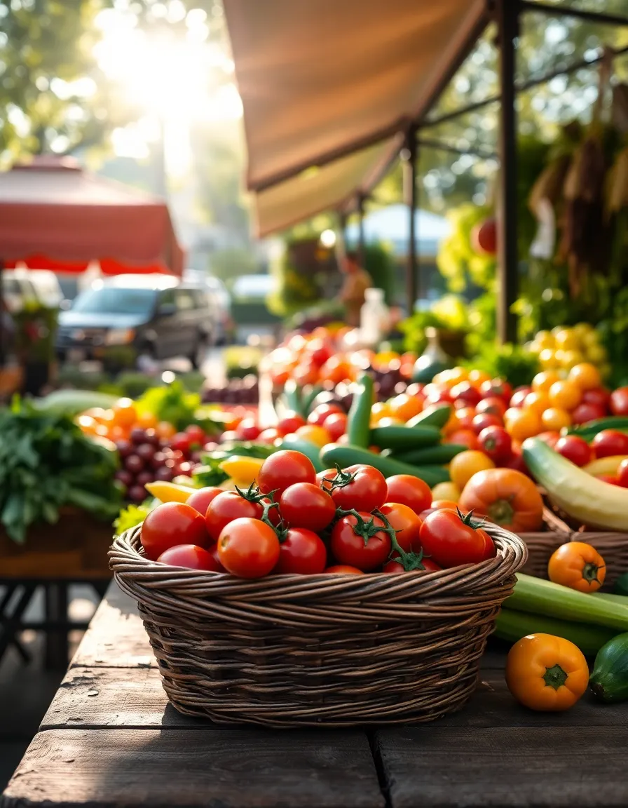 This inviting image showcases a bustling farmers market filled with vibrant produce on display. The dappled sunlight creates a warm atmosphere, highlighting the freshness of the fruits and vegetables. A basket of ripe tomatoes stands out in the foreground, drawing the eye amidst the colorful array. The textures of the rustic wooden tables and natural imperfections of the produce add depth and authenticity to the scene, making it a delightful representation of urban life and community.