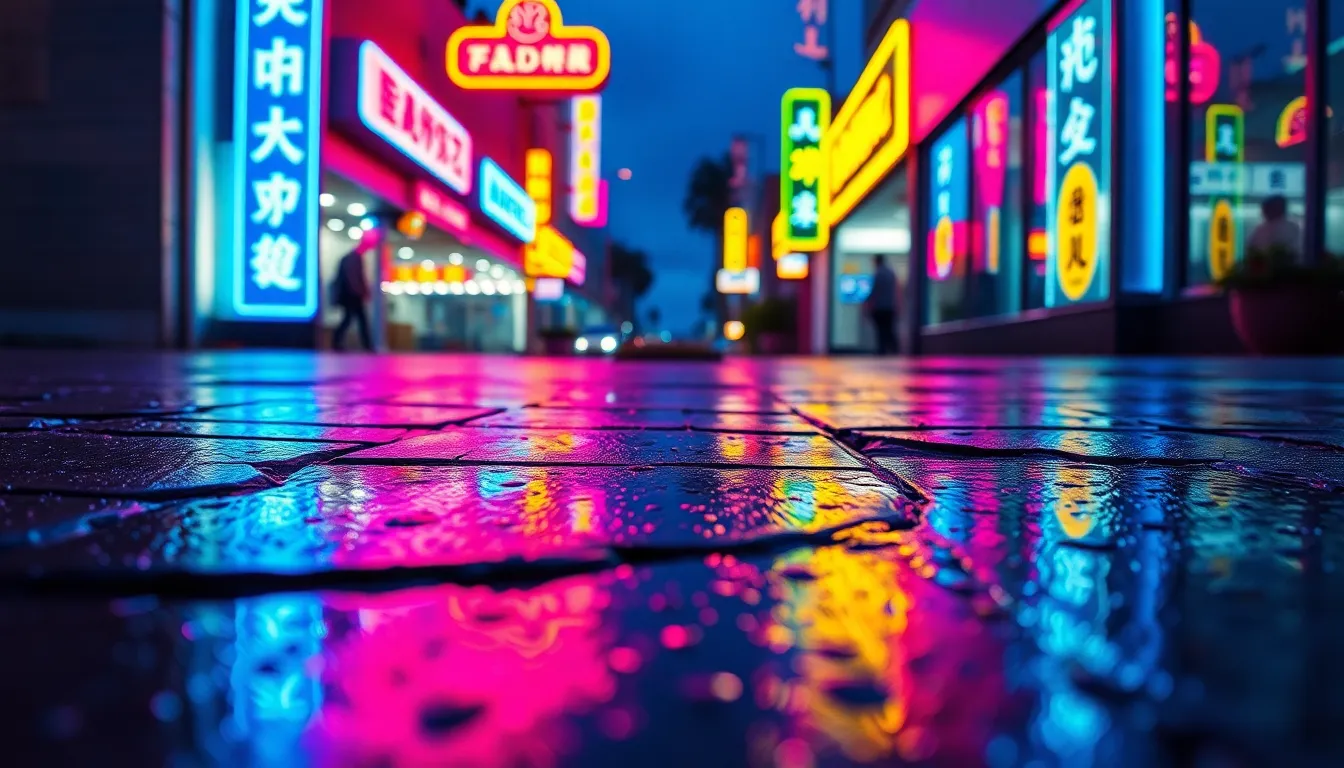 Vibrant neon signage illuminates a wet urban street, creating a kaleidoscope of colors reflected in shallow puddles. Captured with a macro lens, the image showcases the rich details of the textured pavement, perfectly sharp from foreground to the vanishing point. The deep blues and magenta of the neon lights contrast beautifully with the dark pavement, adding to the dynamic atmosphere of a rainy night in the city. This scene captures the allure of urban nightlife.