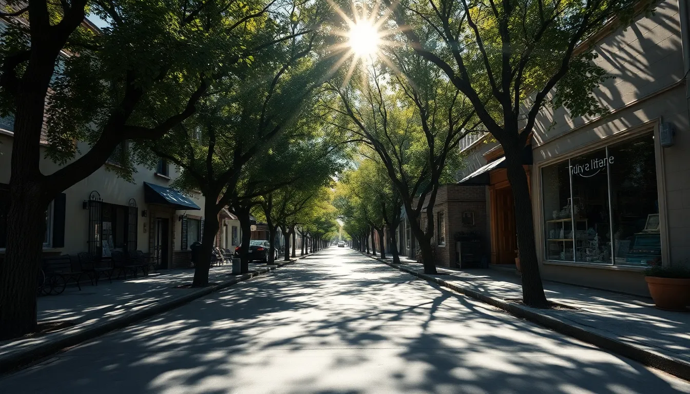 An antique shop stands invitingly on a sunlit street, enveloped by dappled sunlight filtering through the trees. The rustic charm of the shop is brought to life as shadows create leading lines on the pavement, guiding the viewer’s eye. The muted tones add to the serenity of the scene, showcasing the quaintness of urban life. This image evokes a sense of nostalgia and delight as one explores the treasures within the shop.
