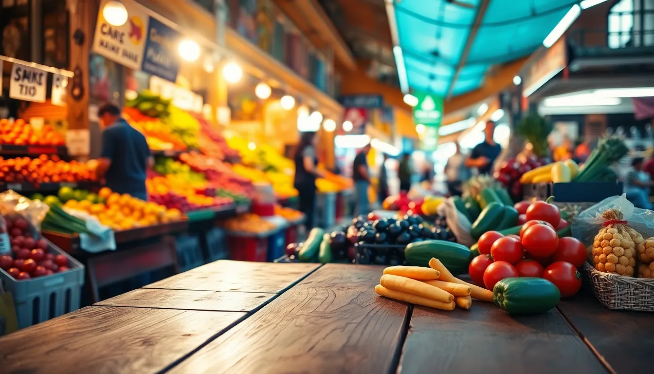 This lively street market scene comes alive with bright morning light, showcasing an array of colorful produce artfully arranged on wooden tables. The warm hues of fruits and vegetables are enhanced by the Kodak Portra color palette, creating an inviting atmosphere. The leading lines from the market stalls guide the viewer's gaze, capturing interactions between shoppers and vendors. The rich textures of the wooden surfaces provide depth and interest to the overall composition.