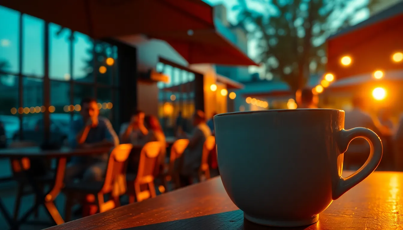 A captivating sunset scene at a bustling outdoor café, where the warm hues illuminate the environment. A carefully focused coffee cup takes center stage, showcasing its textured ceramic surface, while patrons enjoy their evening drinks in the background, rendered in soft bokeh. The dynamic Dutch angle adds energy to the composition, perfectly contrasting the calmness of the sunset with the vibrant atmosphere of urban life.