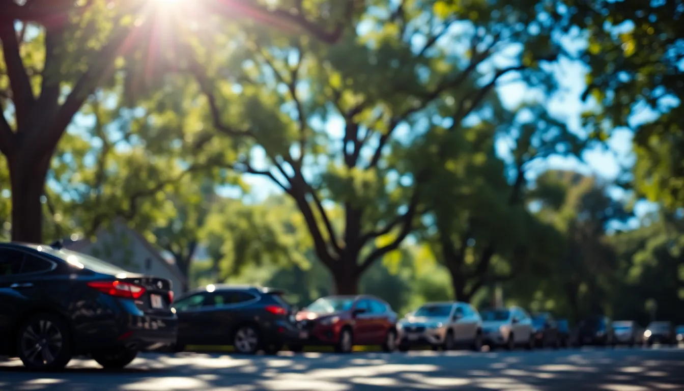 In a serene urban setting, a row of parked cars is gently illuminated by dappled sunlight filtering through a lush tree canopy. The composition highlights the contrast between the vibrant greens of nature and the saturated colors of the cars. With a selective focus that blurs the background into painterly bokeh, this image encapsulates the harmony found in urban spaces where nature intertwines with daily life.