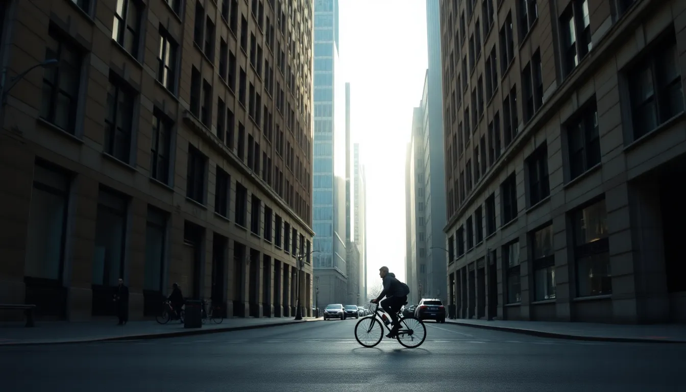 A serene early morning scene depicting a cyclist navigating quiet city streets as soft daylight filters through surrounding skyscrapers. The shallow depth of field draws attention to the cyclist, capturing the stillness of the moment. Muted colors create a calm atmosphere, while the symmetry of the towering buildings adds depth to the composition. This image reflects the peaceful side of urban life before the hustle begins.