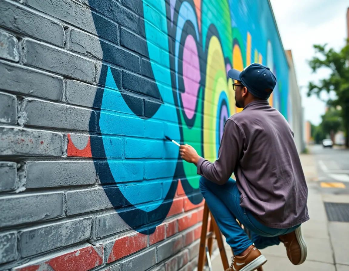 This lively image shows a street artist passionately painting a large mural on a brick wall under an overcast sky. The bright colors of the mural contrast beautifully with the muted surroundings, showcasing the artist's creativity and dedication. The sharp focus highlights the intricate details of the paint strokes and the texture of the brick. The image captures the essence of urban artistry, celebrating creativity in a vibrant city environment.