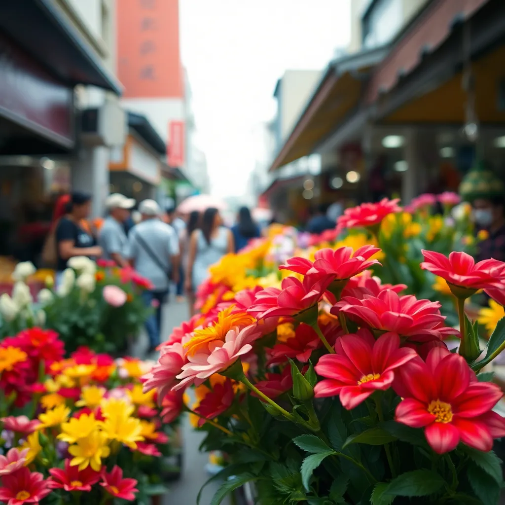 This vibrant close-up image takes you into the heart of a bustling urban flower market. The soft, diffused light creates a welcoming atmosphere, highlighting the vivid colors of various blossoms. Textures are rich, with delicate petals and lush greenery standing out against a blurred backdrop of market activity. The centered composition invites viewers to immerse themselves in the beauty of nature within the urban environment.