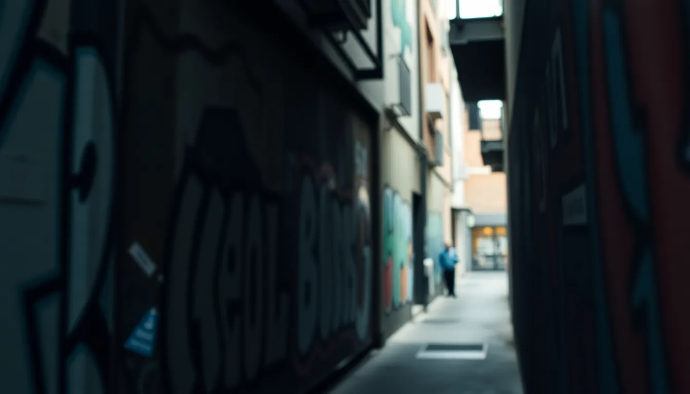 An artistic alleyway reveals vibrant street murals painted on weathered brick walls, captured on a cloudy afternoon. The soft, diffused light creates a contemplative mood, while the sharp focus on a central mural highlights the intricate details and colors. This urban scene invites viewers to explore the hidden artistry within the city's nooks, showcasing the unique blend of creativity and urban living.
