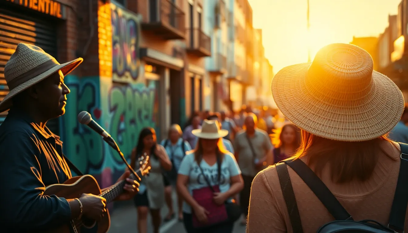 This vibrant urban street scene captures a musician performing on a bustling corner during golden hour. The warm light enhances the lively atmosphere, while pedestrians surround the artist, lost in the moment. Textures of brick buildings and woven hats add depth, and colorful street art creates an engaging backdrop. Shot with a shallow depth of field, the image beautifully blurs the background, drawing attention to the central figure.