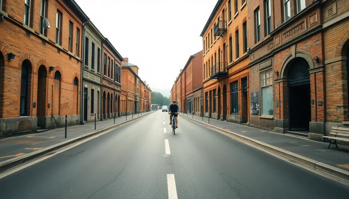 A solitary cyclist rides through an empty urban street under an overcast sky. The vintage buildings, with their weathered brick textures, create a striking backdrop for the scene. The muted colors and soft focus on the cyclist enhance the serene mood of this moment, inviting viewers to feel the quiet of the city. The composition captures the cyclist centered on the road, emphasizing the sense of solitude amidst urban architecture.