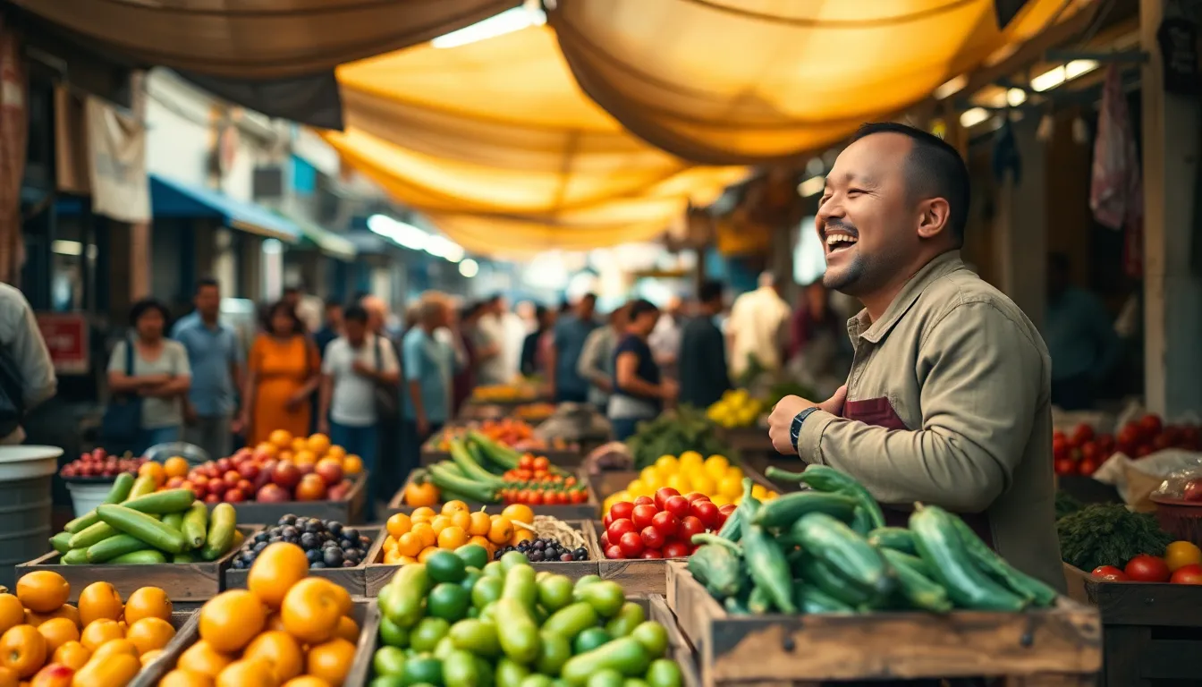 Capture the lively atmosphere of a street market filled with fresh fruits and vegetables. Soft, diffused daylight creates a warm ambiance as vendors interact with shoppers, lending a sense of community. The composition highlights vibrant colors against natural textures, inviting viewers into the bustling scene. A shallow depth of field draws focus to the produce and vendor, encapsulating the essence of urban streets.