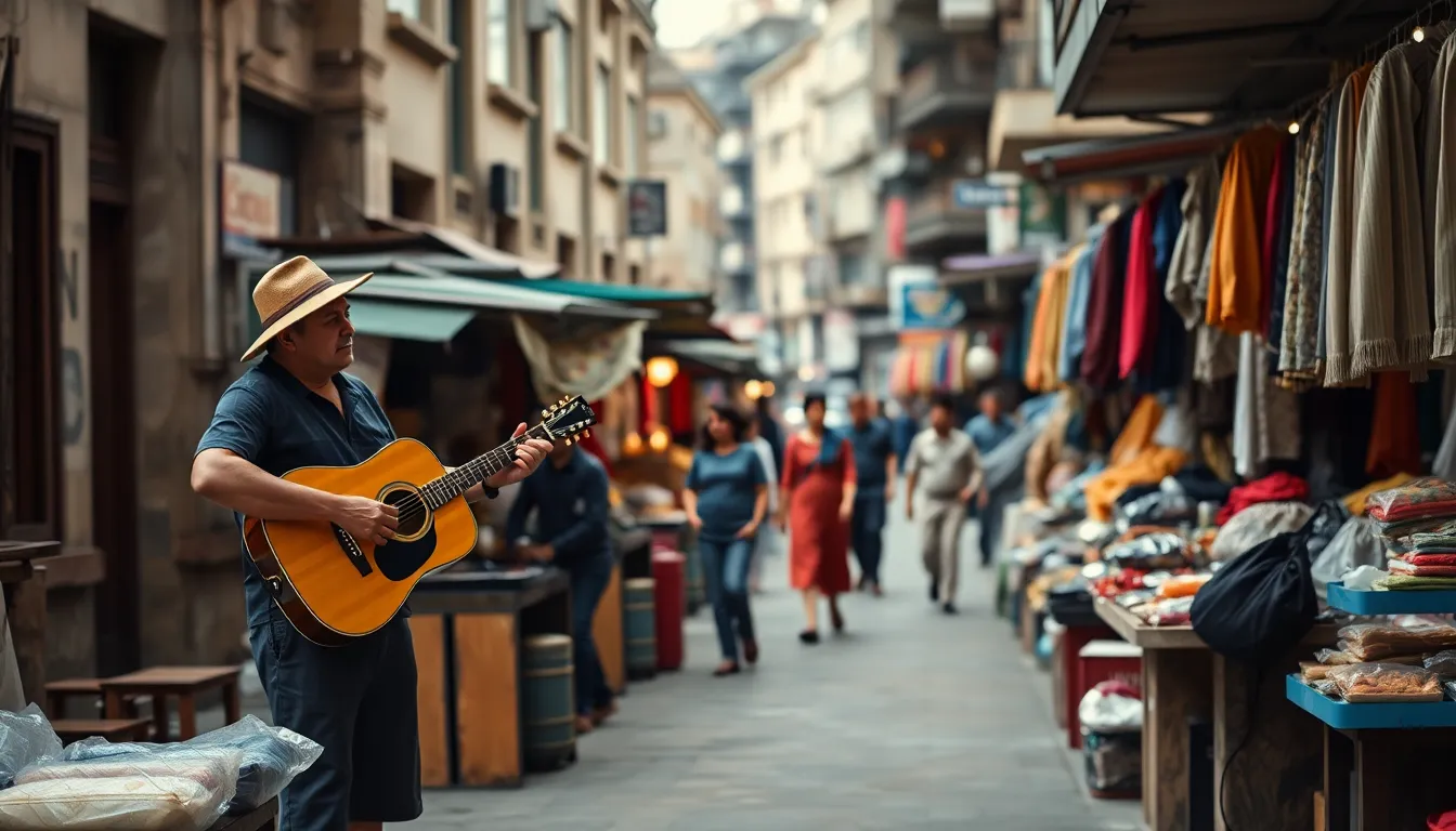 A lively urban street scene featuring a street musician strumming a guitar, surrounded by pedestrians and colorful market stalls. The overcast natural light creates a soft, engaging atmosphere, highlighting the textures of weathered wood and vibrant fabrics. This image captures the essence of city life, with muted earth tones lending a warm and inviting mood. The composition draws the eye toward the musician while providing a sense of bustling activity in the background.
