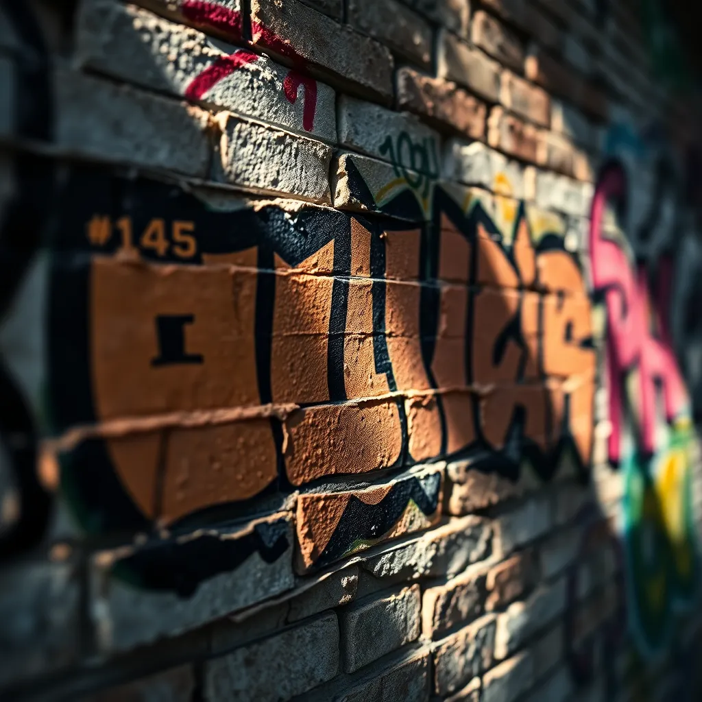 An up-close view of colorful street art on a brick wall captures the dynamic energy of urban creativity. Soft daylight enhances the vivid colors and intricate details of the graffiti, contrasting beautifully with the rough texture of the brick. The selective focus invites viewers to explore the vibrant artwork, highlighting the unique expression found in city streets. This image embodies the spirit of urban environments where art meets architecture.