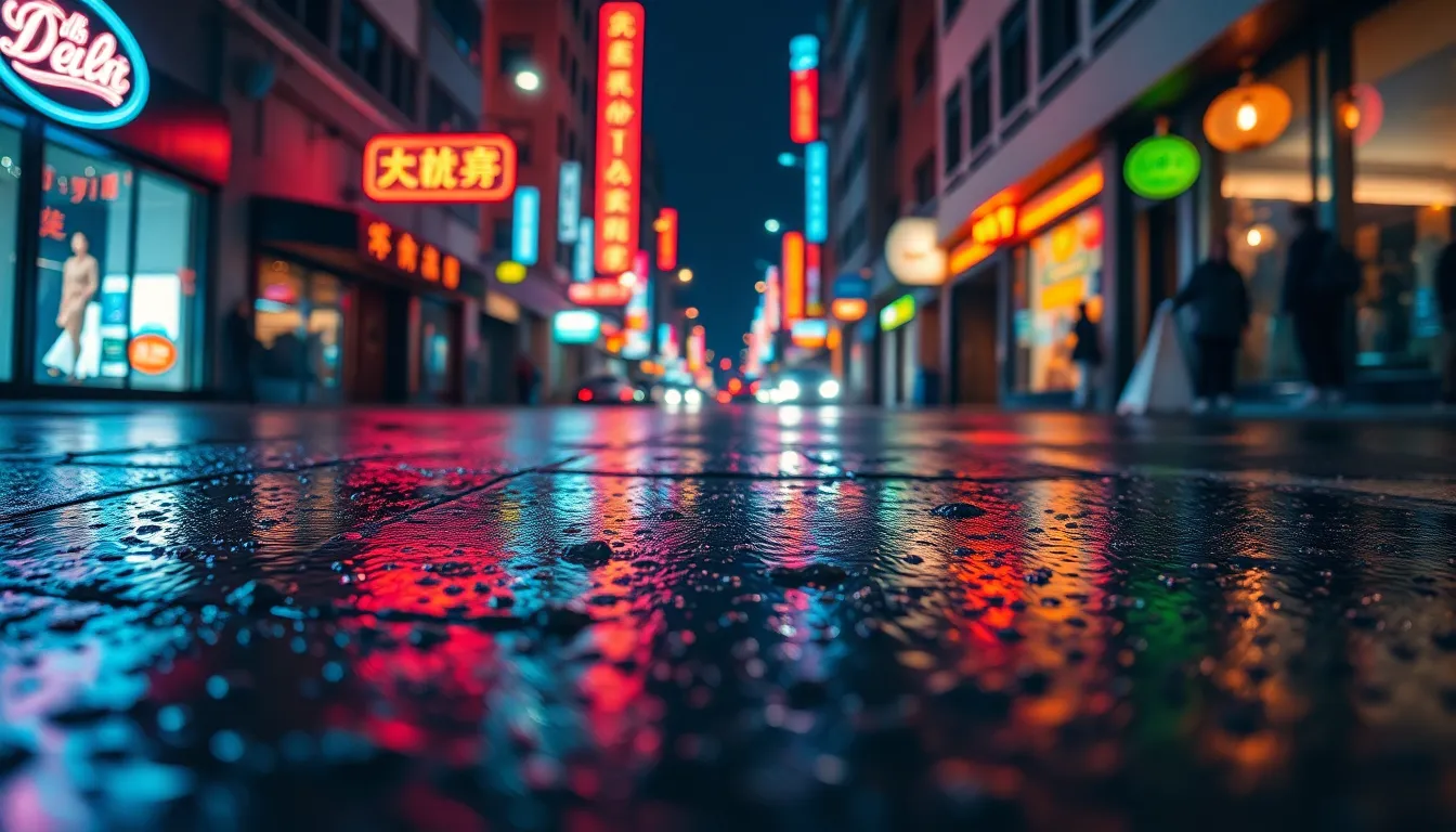 A stunning close-up of rain-soaked urban streets reveals vibrant reflections from neon signage, expertly captured in macro detail. The interplay of light creates a captivating glow that transforms ordinary pavement into a mesmerizing mosaic of colors. The cinematic teal and orange hues envelop the scene with a palpable atmosphere, inviting viewers to experience the energy of the city even on a rainy night.