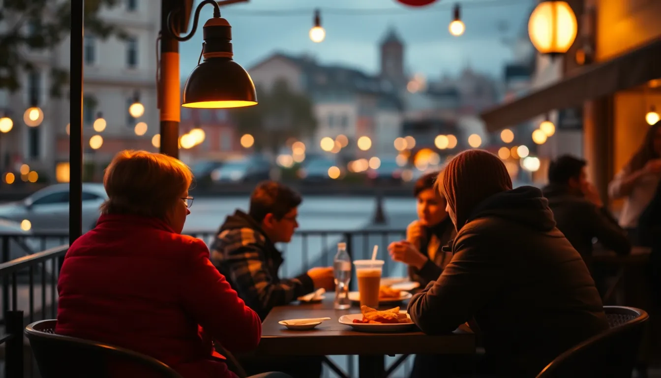 An inviting outdoor café scene featuring a small group of friends gathered around a table, illuminated by warm tungsten light. This image captures the vibrant colors of their clothing and the textures of their meal, including rich fabrics and polished tableware. The blurred city backdrop creates a sense of intimacy in the bustling urban environment. The composition highlights the connections between people, evoking feelings of warmth and friendship.