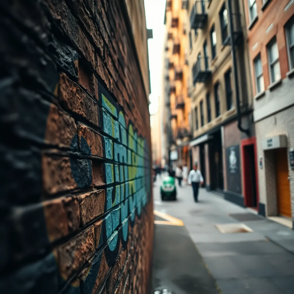 This close-up shot showcases a stunning piece of street art plastered on a brick wall in a busy urban alley. The vibrant colors of the graffiti pop against the more muted tones of the surrounding environment. Natural daylight enhances the texture of the wall, while selective focus draws attention to the intricate details of the artwork. A celebration of creativity in the heart of the city.