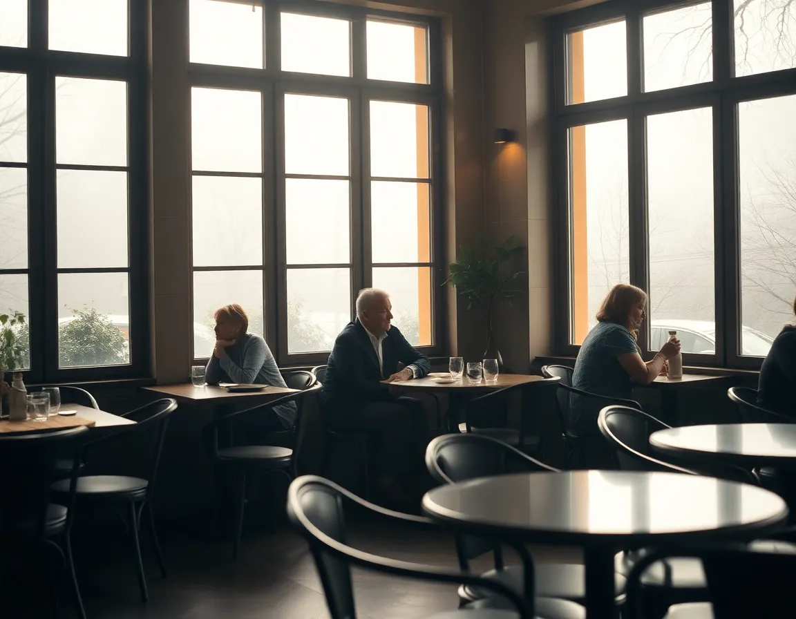 Inside a quaint café on a misty morning, patrons enjoy their drinks in a warm, inviting atmosphere. Soft natural light filters through large windows, creating a cozy vibe with muted earth tones. The shallow depth of field emphasizes the couple at the table, while the background melts into soft bokeh, evoking a sense of tranquility. This scene captures the charm of urban cafés as spaces for connection and relaxation.