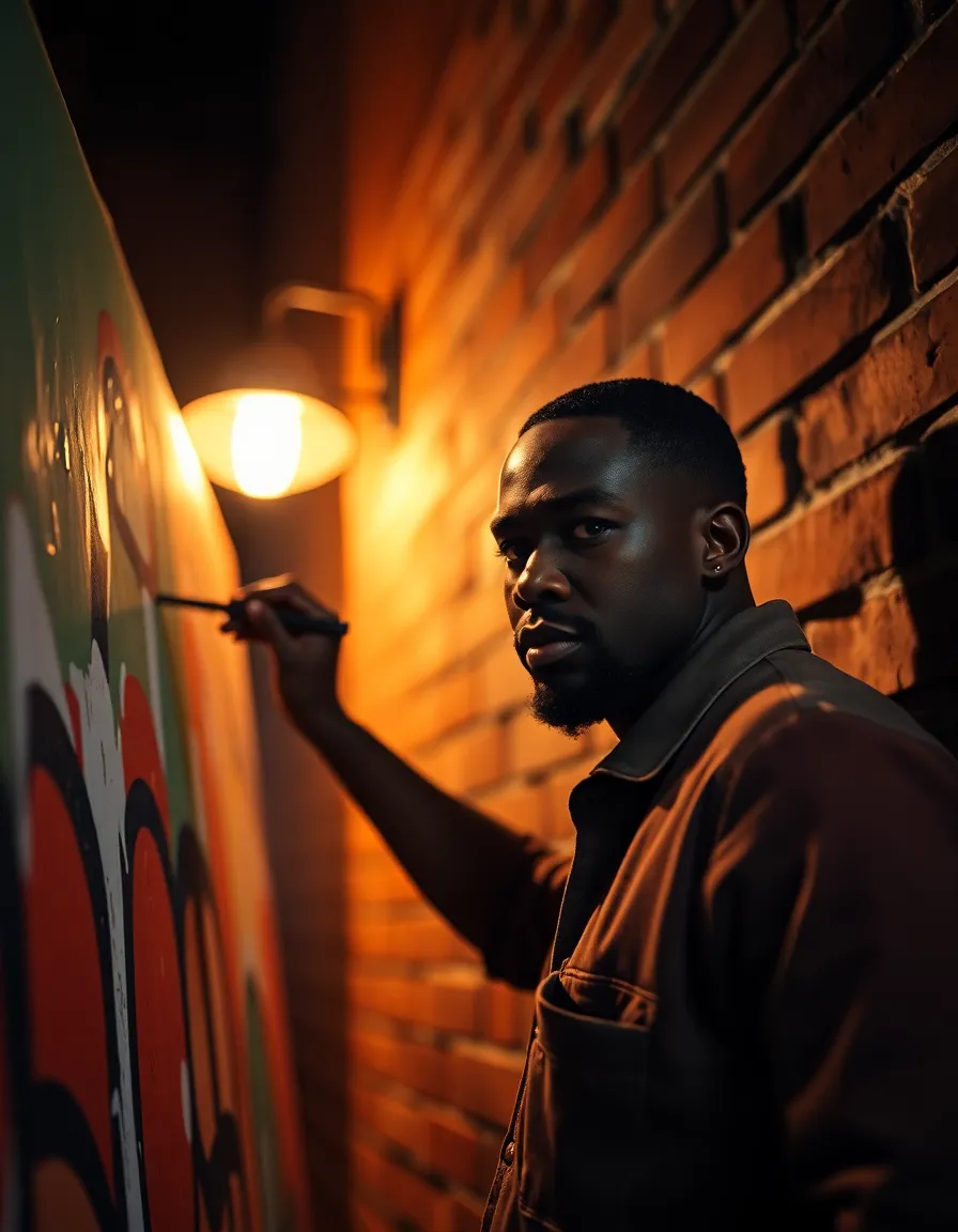This intimate shot features an artist passionately engaged in painting a vibrant mural on a brick wall, illuminated by the warm glow of a street lamp. The dramatic shadows and soft bokeh enhance the painterly quality of the scene, drawing the viewer's eye to the artist's focused expression. The warm tones and rich colors reflect the creativity and vitality of urban art at night.