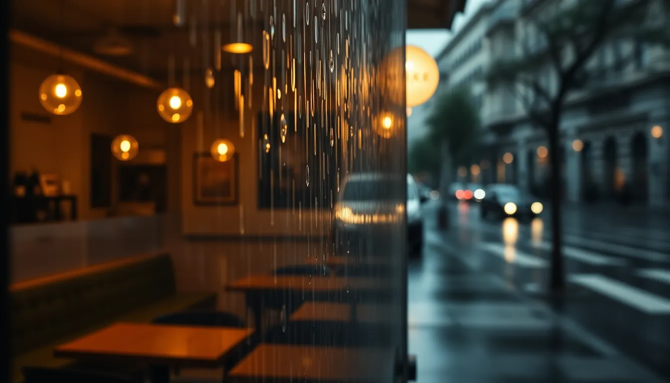 A quaint café offers a warm refuge from the rain, its inviting interior illuminated softly by tungsten light. Raindrops streaking down the window create a beautiful contrast between the moody exterior and the cozy ambiance inside. The composition highlights the inviting glow of the café while seamlessly integrating the rain-soaked streets, evoking a sense of comfort and tranquility on a dreary day.