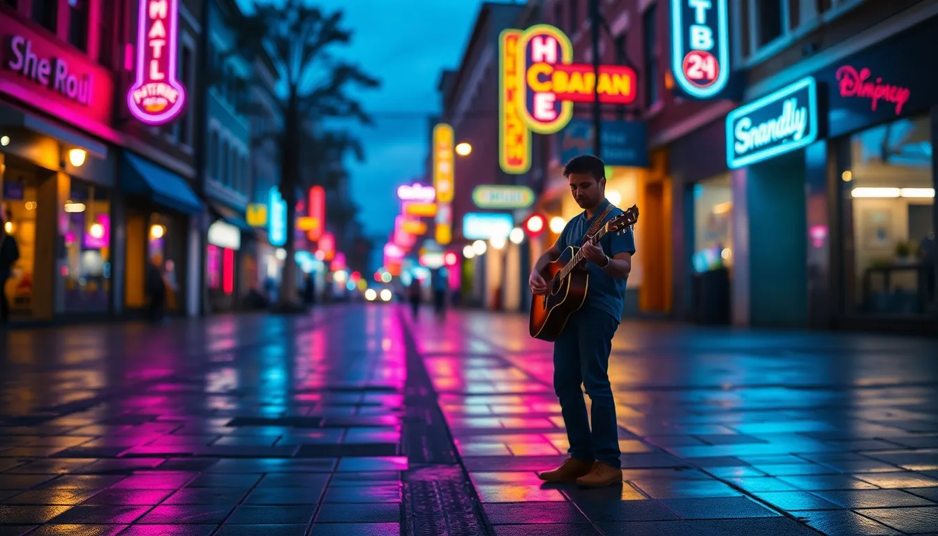 A serene moment captures a young woman clad in a vibrant red coat as she stands on a cobblestone street during the golden hour. The warm backlighting creates elongated shadows and highlights the intricate street art behind her, forming a captivating contrast against the textured bricks. The shallow depth of field directs focus to her thoughtful expression, invoking a sense of peacefulness in this dynamic urban environment.