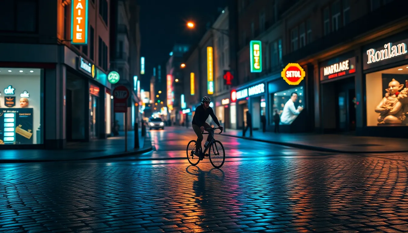 In this striking night scene, a cyclist makes their way through a city street illuminated by colorful neon lights. The vivid colors and soft bokeh create a dreamy urban atmosphere, while the glistening cobblestones reflect the vibrant hues. The shallow focus highlights the cyclist, drawing attention to their movement amidst the lively backdrop. This composition captures the essence of urban adventure in a bustling nightlife setting.