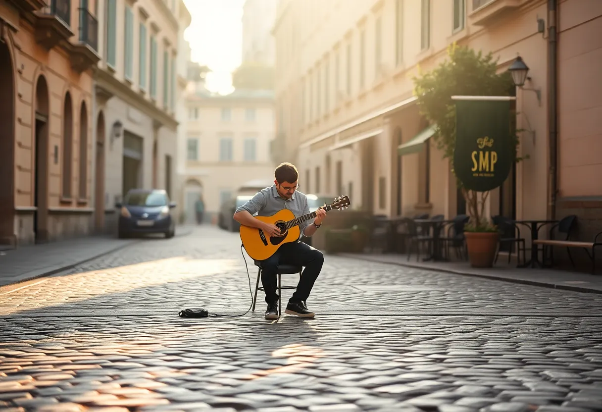 This tranquil image features a lone musician serenading passersby on a quiet cobblestone street, bathed in gentle morning light. The soft daylight creates a warm atmosphere, enhancing the muted colors of the setting. The musician passionately plays their guitar, surrounded by the rustic textures of the stones beneath them. A nearby café terrace softly blurs into the background, contributing to the intimate and inviting mood of the scene.