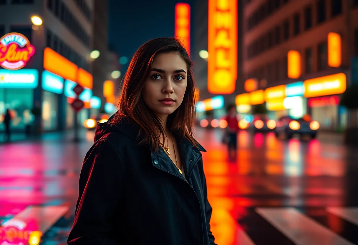 A young woman stands at a crosswalk on a rainy night, captured with vibrant neon signs reflecting on the slick pavement. The image highlights her stylish raincoat against the colorful bokeh background, creating an intimate moment amidst the urban chaos. With a focus on her expressive eyes, the scene evokes a sense of allure and mystery while the cinematic color grading enhances the dramatic atmosphere. The textures of raindrops and vibrant lights make this image a captivating urban portrayal.
