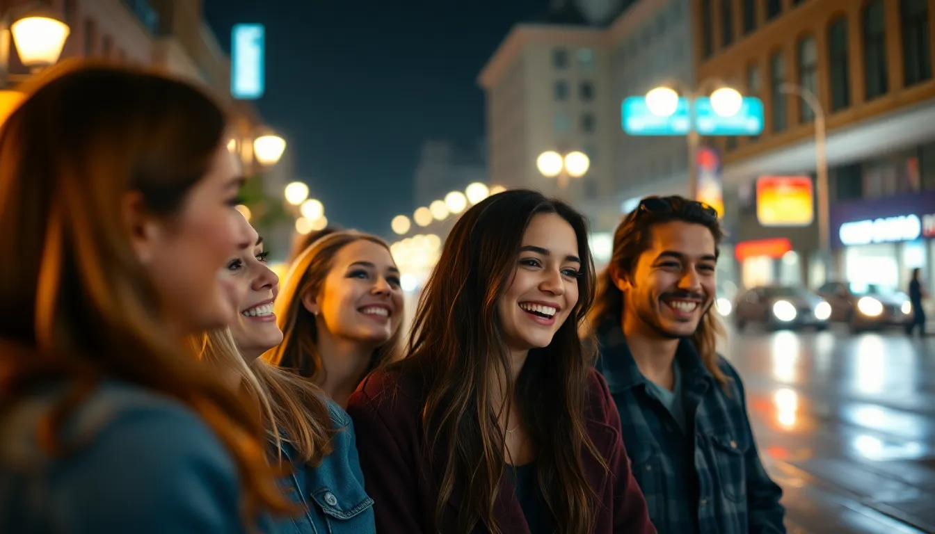 In the glow of warm street lamps, a group of friends gathers on a rainy night, their laughter filling the air. The wet pavement reflects the light, adding texture to the scene while the subjects' faces come alive with emotion in soft focus. The Kodak Portra-inspired warmth enhances the natural skin tones, creating an inviting atmosphere. This moment beautifully encapsulates friendship and joy amid the urban landscape.
