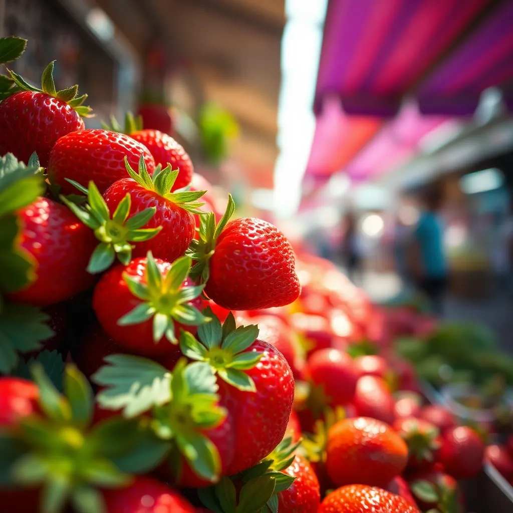 This mouthwatering close-up image showcases a vibrant display of fresh fruits at a bustling street market. The soft, dappled sunlight highlights the glossy red strawberries, accentuating their freshness against the lush green leaves. The rich, saturated colors of the scene evoke a sense of abundance, while the blurred background captures the lively energy of the market. This photograph invites viewers to experience the joy of local produce and community vibes.