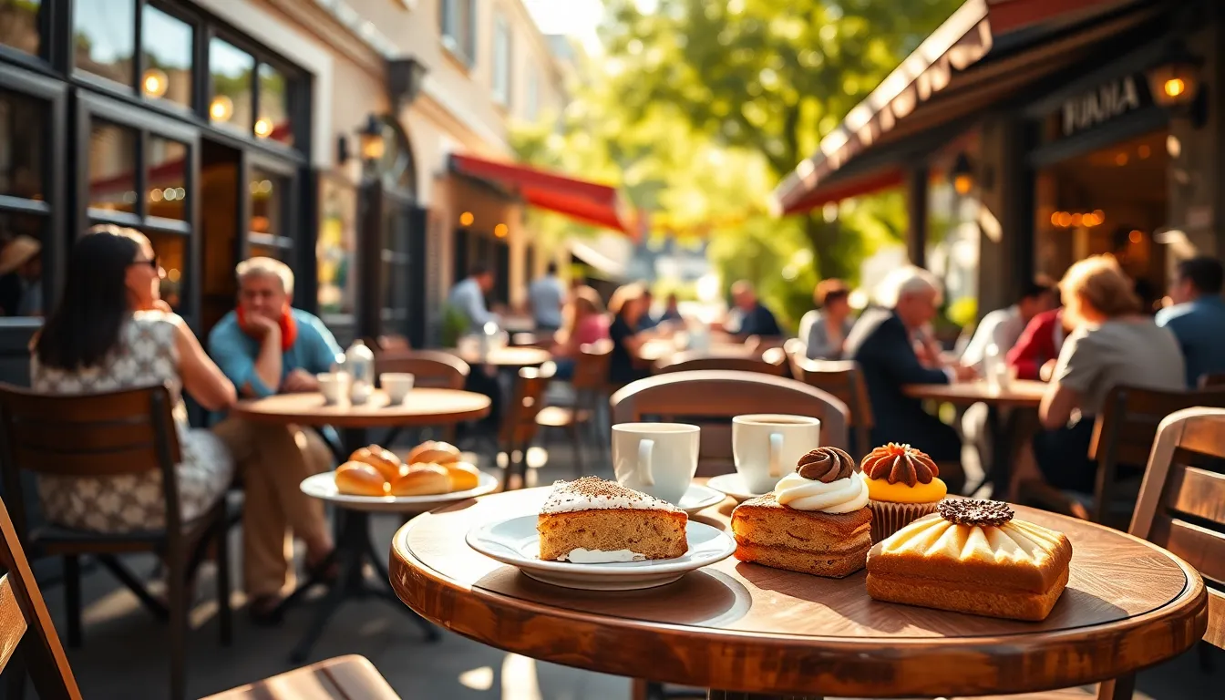 A charming outdoor café scene unfolds on a sunny morning, filled with patrons sipping coffee and savoring delicious pastries. The inviting atmosphere is enhanced by warm natural light, bathing the scene in a cozy glow. A beautifully set table takes center stage, showcasing vibrant desserts and artisanal coffees, drawing attention to the careful arrangement. This image captures the essence of urban leisure and culinary delight.