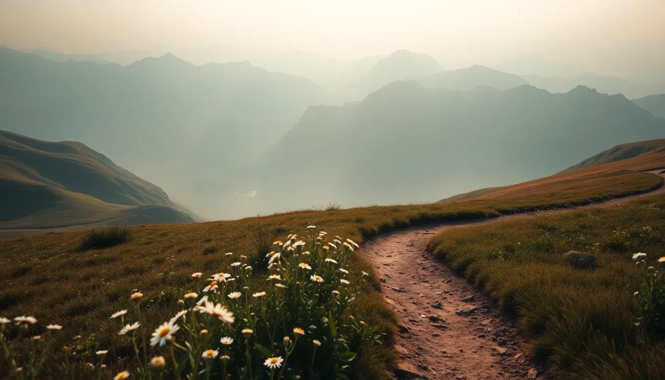 This stunning mountain landscape captures the tranquility of early morning with soft fog blanketing the peaks. The wildflowers in the foreground add vibrant colors, creating a beautiful contrast with the muted tones of the mountains. With sharp detail throughout, this image invites viewers to experience the calm and beauty of nature. The gentle leading lines of the path enhance the composition, guiding the eye deeper into this serene scene.