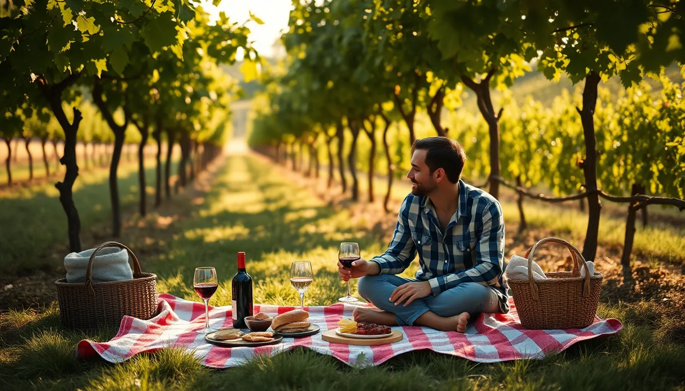 This intimate scene captures a couple enjoying a romantic picnic in a lush vineyard. Dappled sunlight filters through the grapes, creating a warm and inviting atmosphere. Surrounded by vibrant colors, the couple shares a moment of joy and connection over gourmet food and wine. The lush setting enhances the allure of this picturesque vacation experience, perfect for couples seeking relaxation and romance.