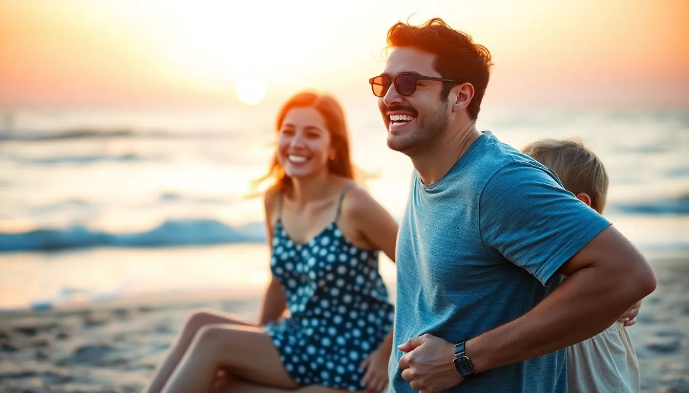 This vibrant scene captures a family enjoying their beach vacation during sunset. The golden hour light creates a warm, inviting atmosphere, highlighting their joy as they play in the surf. The ocean waves and soft pink skies in the background add depth and color, making this moment feel magical. Carefully composed with a focus on the family's expressions, this image evokes feelings of warmth and togetherness.
