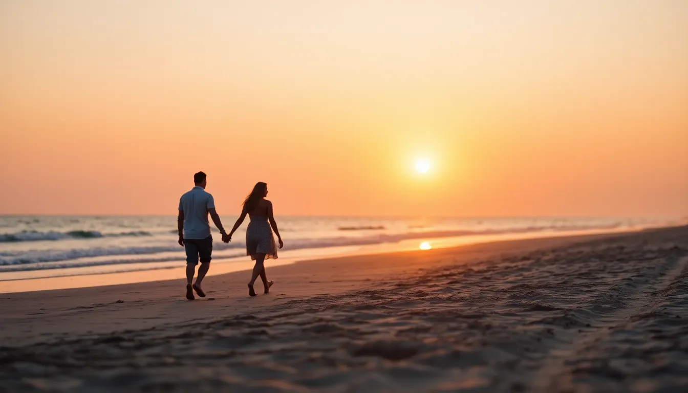 This photorealistic image captures a couple walking hand in hand on a serene beach during a breathtaking sunset. The warm light casts a romantic glow, with pastel hues painting the sky, while gentle waves lap at their feet. Soft sand textured by their footprints adds to the inviting atmosphere, creating a captivating vacation moment. The shallow depth of field draws attention to the couple, immersed in their own world against the blurred backdrop of the ocean.