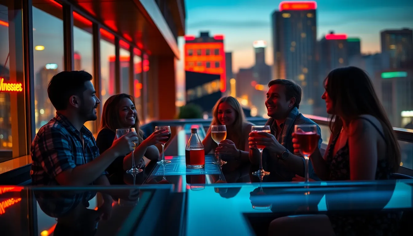 This energetic image depicts a group of friends enjoying cocktails at a stylish rooftop bar as twilight descends upon the city. The scene buzzes with liveliness as neon lights reflect off sleek surfaces, creating a vibrant atmosphere. With city lights twinkling in the background, it evokes the excitement of nightlife and social connection. The shallow depth of field enhances the focus on the group, inviting viewers to join in on the fun and celebration.