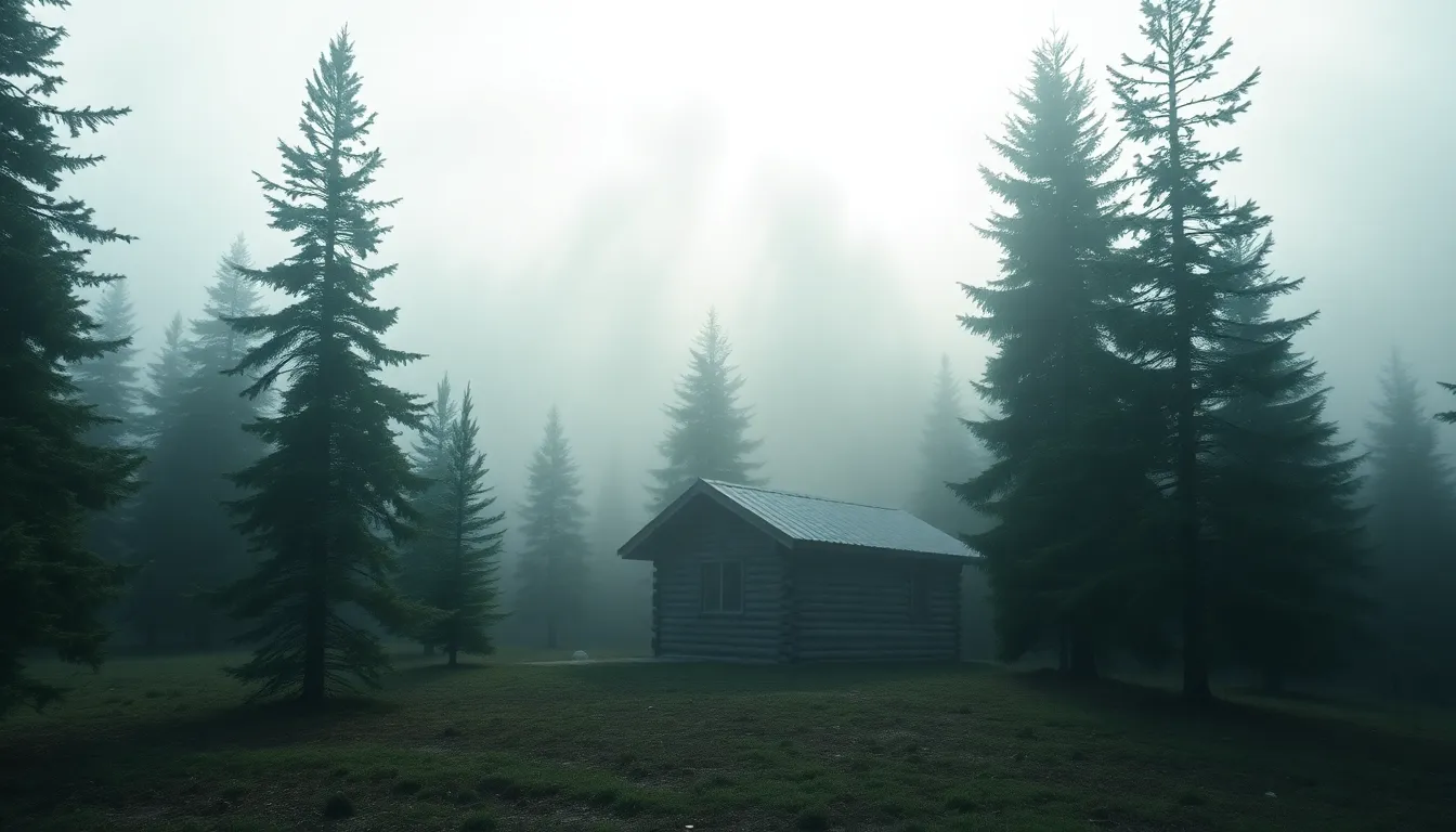This peace-inducing image illustrates a beautiful wooden cabin hidden within a foggy mountain landscape. Early morning light filters through the trees, casting soft highlights that illuminate the serene scene. The air is crisp as the cool tones of the forest create a sense of calm and tranquility. The sharp focus on the cabin and the surrounding beauty invites viewers to imagine themselves escaping to this remote vacation spot.
