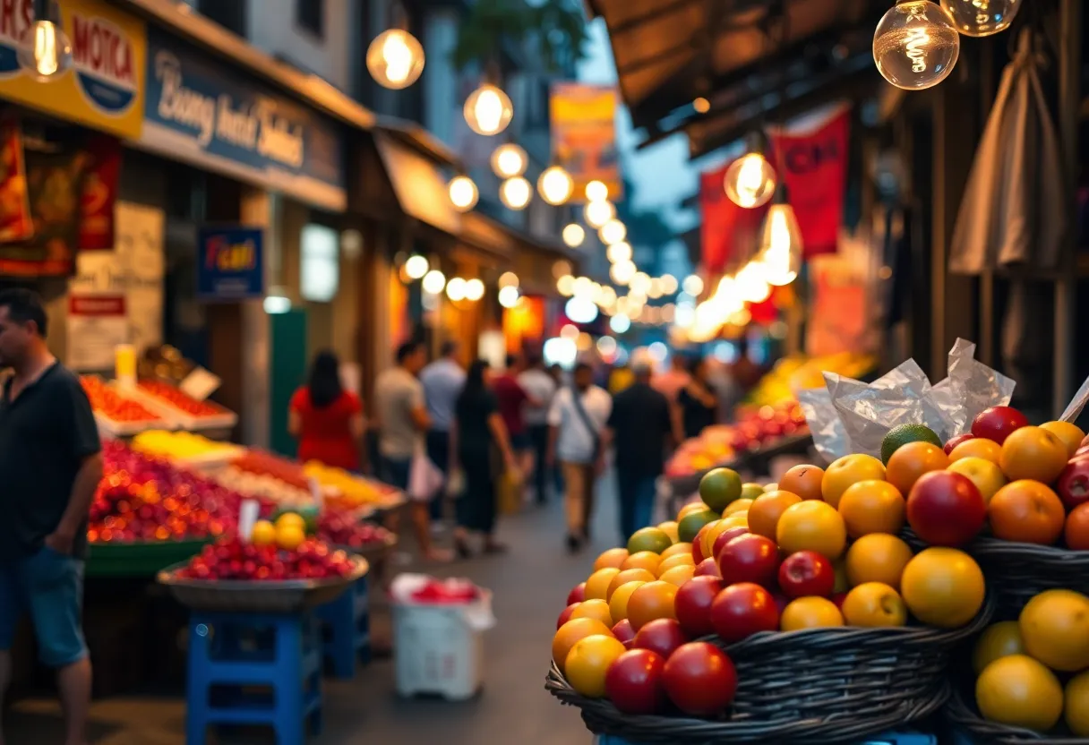 This dynamic image depicts a bustling street market at dusk, filled with colorful displays of fresh fruits. The warm light from overhead bulbs creates a cozy ambiance, enhancing the vivid colors of the fruit. A vendor passionately engages with customers, showcasing the community spirit of local culture. The selective focus on the produce draws attention to the textures while the background remains softly blurred, immersing viewers in the lively market experience.