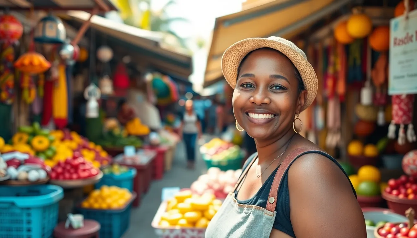 This lively street market scene bursts with color and energy, showcasing a variety of exotic fruits and crafts. The smiling vendor stands out against the blurred background, inviting passersby to explore the vibrant offerings. Bright daylight enhances the rich colors, creating an exciting atmosphere filled with the sounds and sights of a tropical destination. Perfect for capturing the essence of travel and local culture.