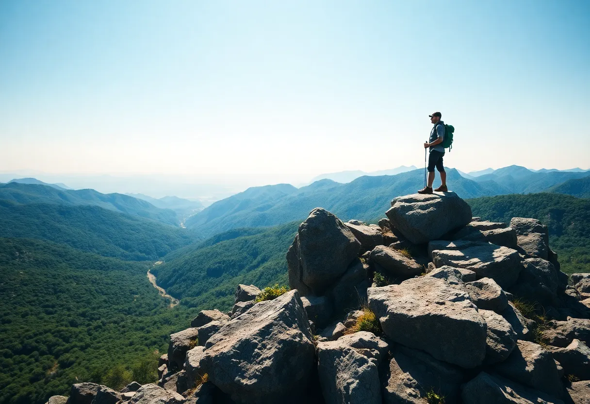This inspiring image captures a lone hiker standing triumphantly atop a rocky outcrop, gazing across a breathtaking valley filled with vibrant greenery. The strong midday light casts defined shadows, enhancing the rugged textures of the rocks. The expansive landscape invites a sense of adventure and connection with nature, showcasing the beauty of outdoor exploration. The hyperfocal depth of field ensures that every detail is vividly sharp, drawing viewers into the scene.